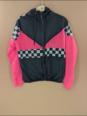 Orange Kiss Colorblock Hooded Windbreaker Y2K Junior Girls Medium Black Pink